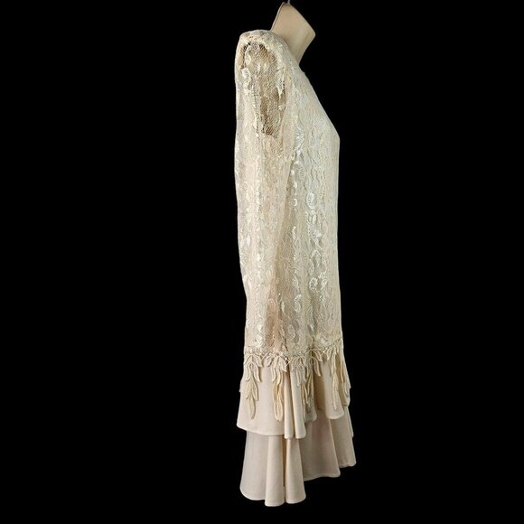 80s David Rose Flapper Party Dress Cream Lace Long Sleeve Shoulder Pads Womens 8 - Picture 9 of 11